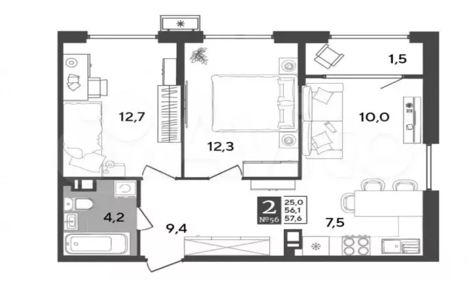Просторная 2-к квартира в тихом районе города.